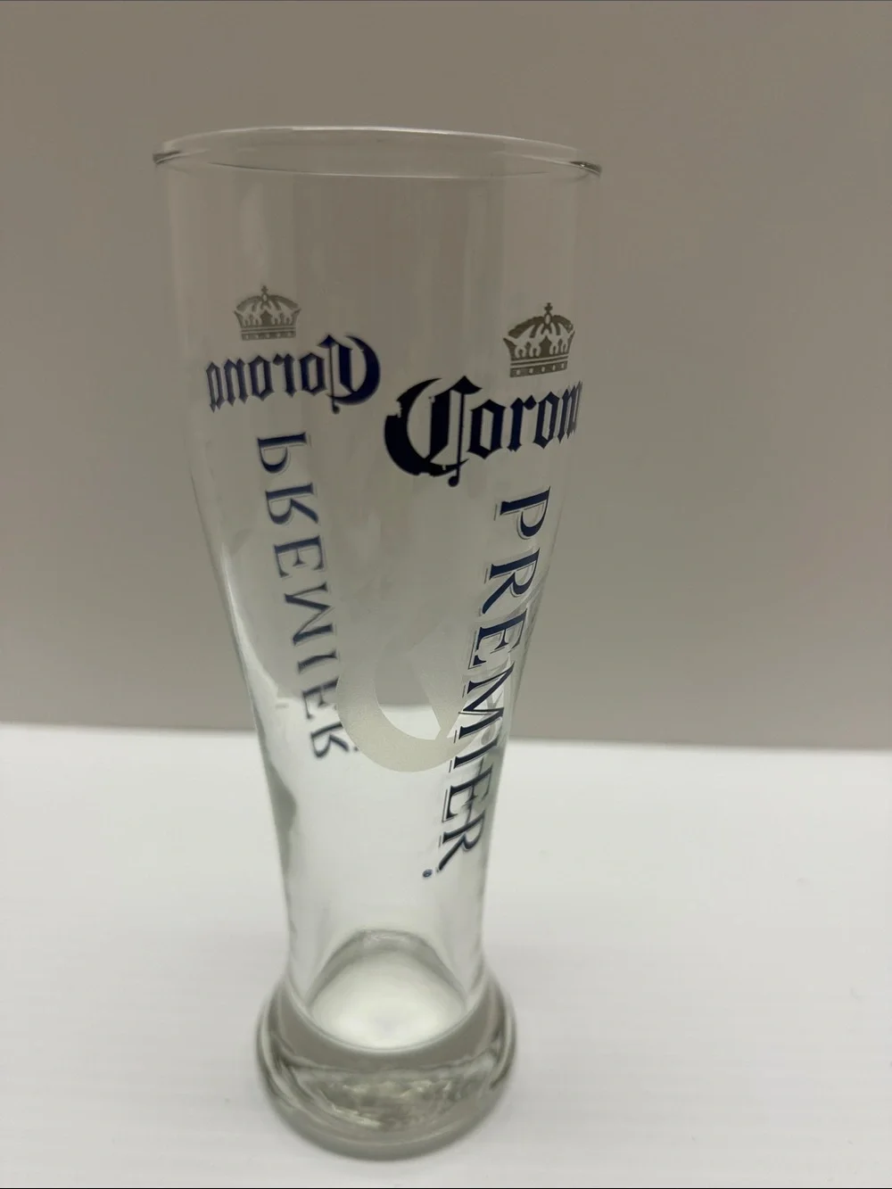 Corona Premier Clear Pilsner Glass with Blue Text and Gold Crown